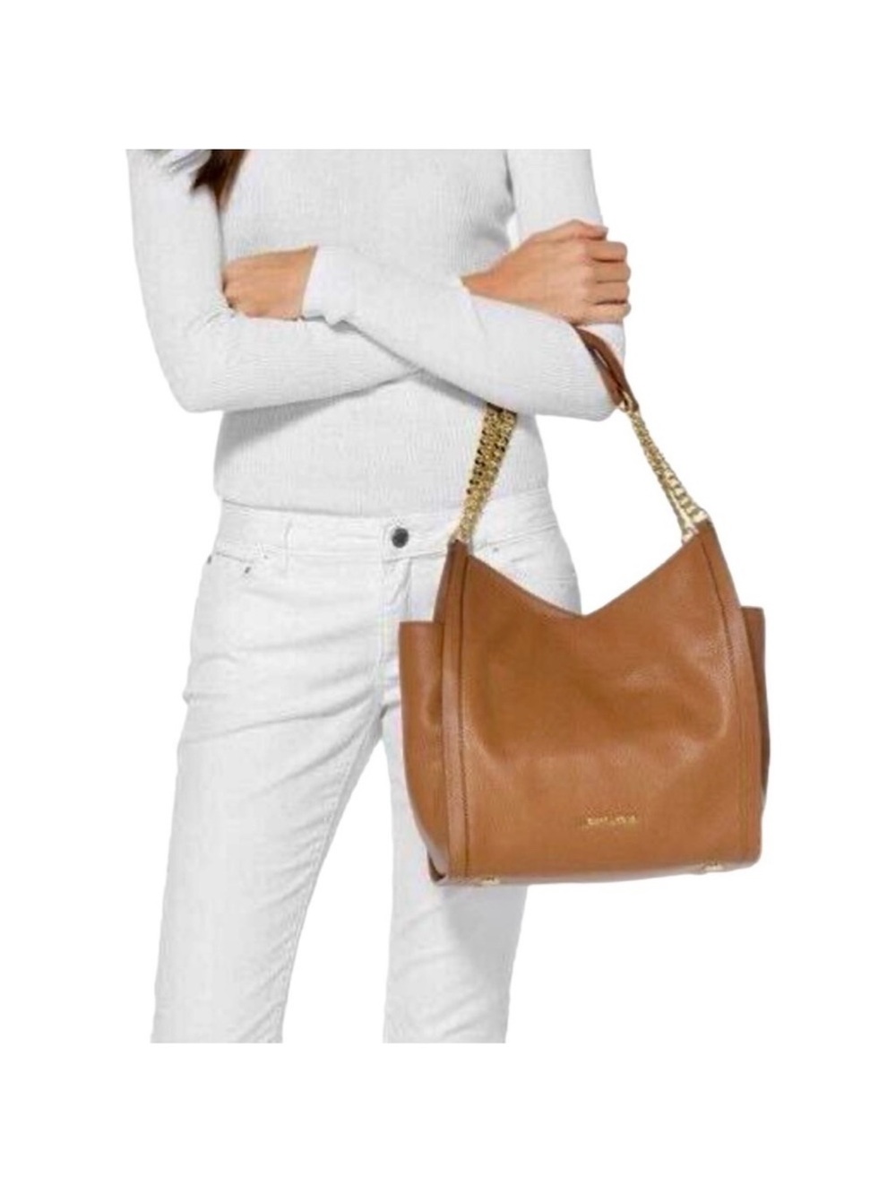 MICHAEL Michael Kors Tan Leather Shoulder Bag with Gold Chain (Newberry, Acorn)